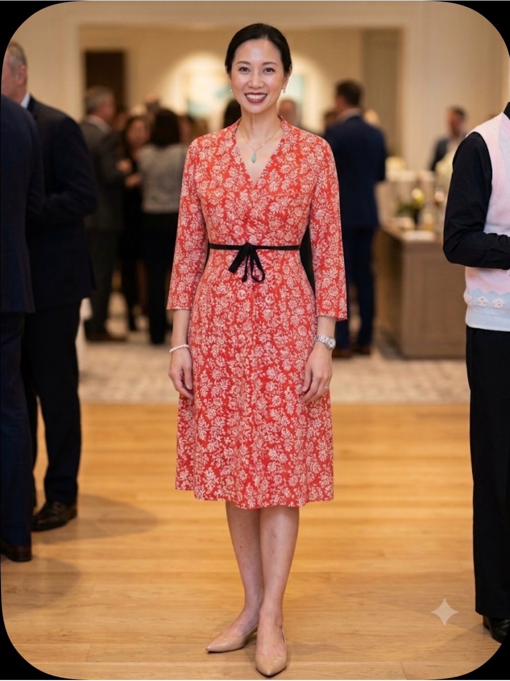 Red Floral Wrap Dress with Black Tie